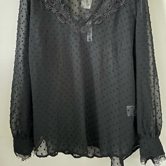 BCBGMaxAzria Swiss Dot Sheer Lace Detail Blouse In Black Size XL - Picture 5 of 15